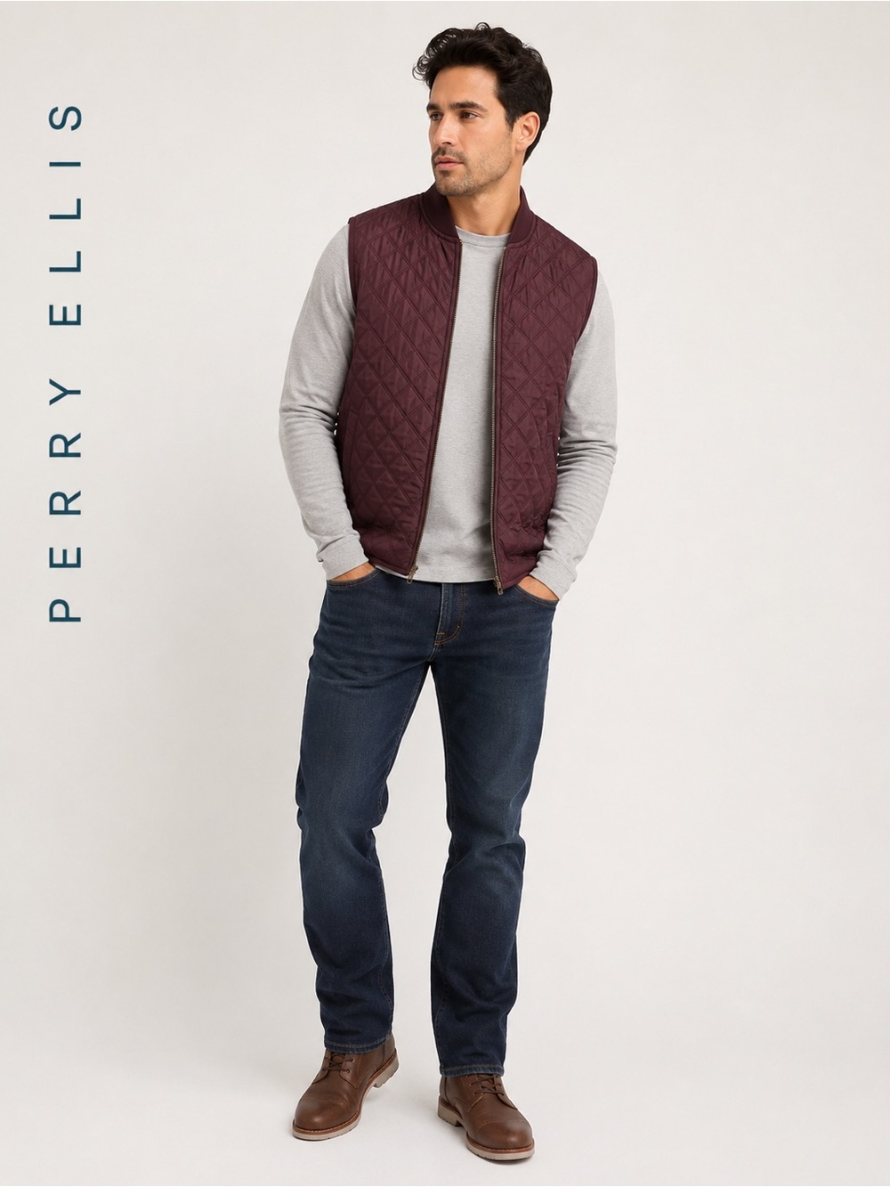 Perry Ellis Quilted Zip Vest Maroon Hybrid Men's Size M